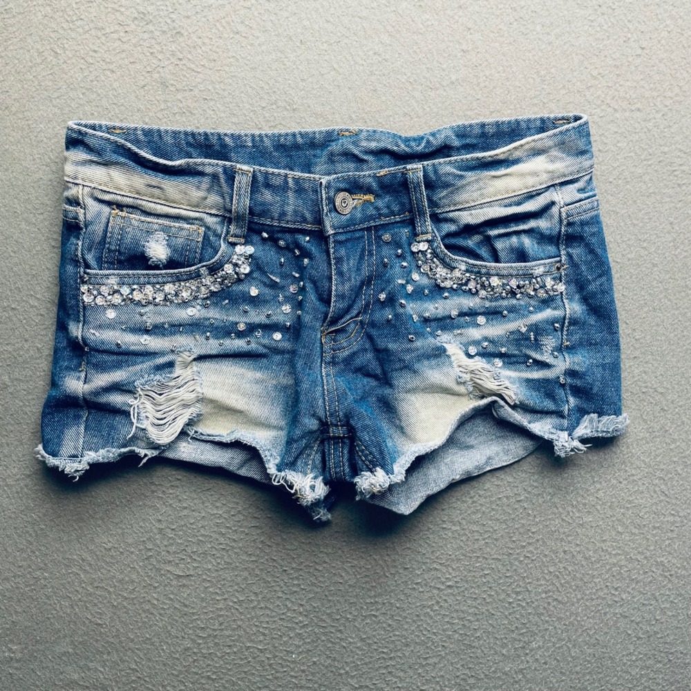 Fly Up Women Denim Shorts Rhinestone Distressed Blue Size S Y2K Festival Bling